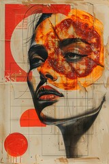 Contemporary collage art woman pizza face featuring abstract design with geometric shapes and a retro aesthetic. The image invokes a sense of creativity and nostalgia.
