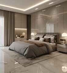 Modern interior design of bedroom in luxury apartment, gray and beige color scheme with bed on the right side, accentual style, subtle lighting, ultra realistic photography
