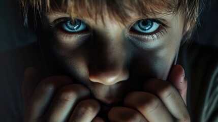 Close-up portrait of a young boy with blue eyes and a scared look. The concept of childhood fears and nightmares	