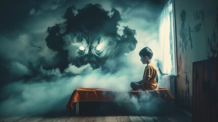 Little boy sitting on the bed in the dark room. The concept of childhood fears and nightmares - obrazy, fototapety, plakaty