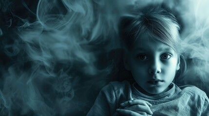 Little girl in bed at night with lights and smoke around him. The concept of childhood fears and nightmares	
 - obrazy, fototapety, plakaty