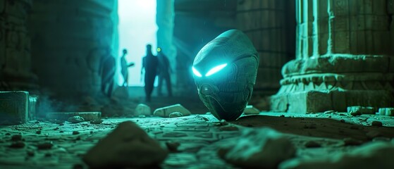 Mysterious alien relic, glowing softly, discovered in ancient ruins Awe and curiosity mixing as scientists examine it Realistic, mysterious lighting, Depth of Field Bokeh Effect, Dolly zoom effect