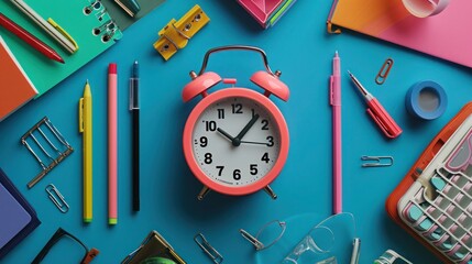 Dynamic shot of a digital alarm clock placed amidst a varied collection of school supplies on a...