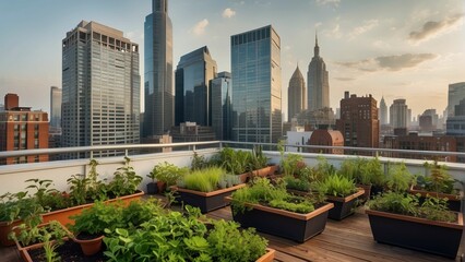 Fototapeta premium Green rooftop garden against city backdrop
