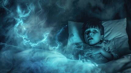 Little boy in bed at night with lights and smoke around him. The concept of childhood fears and nightmares
