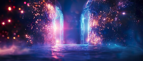 Mystical Portal, Cosmic Shroud, Enigmatic gateway to unseen worlds, Unveiling the mysteries of hidden dimensions and their impact on reality, 3D render, Backlights, Bokeh effect, Split screen view - obrazy, fototapety, plakaty