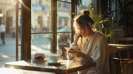 A young woman enjoys a peaceful moment in a sunlit café, smiling gently as she texts on her smartphone over a morning coffee.. - obrazy, fototapety, plakaty