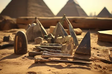 Foto op Canvas Archaeological tools with the pyramids in the background. © OhmArt