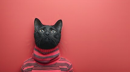 A surreal collage featuring a black cat's head on a human wearing a striped sweater. This contemporary art piece evokes whimsy and curiosity. - obrazy, fototapety, plakaty