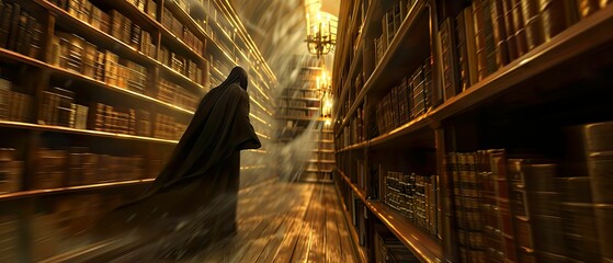 Shadowy figure, cloaked in secrecy, lurking in a candlelit library, shelves filled with dusty tomes, storm raging outside, photorealistic, Rembrandt lighting, motion blur, Side view