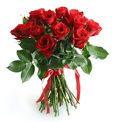 A bouquet of red roses with green leaves and a ribbon on a white background, viewed from the front, is a real photo in high resolution with no text, letters, people or faces present in the image