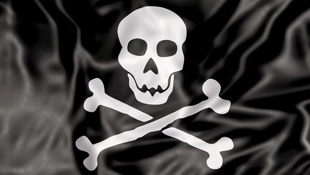 3D Pirate Flag waving, white skull and bones on black background