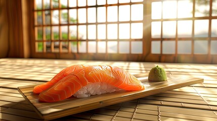 Vibrant salmon fillets ready for cooking or sushi, accompanied by a dab of wasabi on a rustic wooden table.. - obrazy, fototapety, plakaty