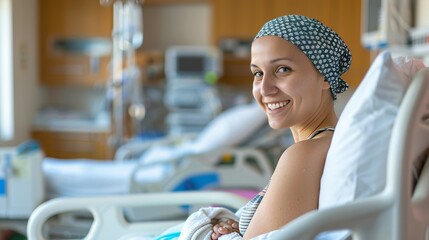 Bald woman smiling in cancer ward bed with room for text, suitable for uplifting messages