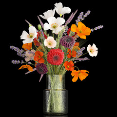  Bouquet of wildflowers Chrysanthemum Lavender Poppy wheat isolated on black background
