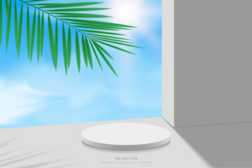 3D gray cylinder podium pedestal realistic with sky, sun clouds background, wall and palm, coconut leaf. Minimal scene for product mockup. Stage for showcase. Abstract 3D vector geometric platform.