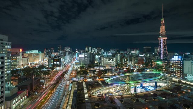 Timelapse view of the Sekae district with architectural landmark Nagoya Tower at night in Downtown Nagoya, Aichi Prefecture, Japan.