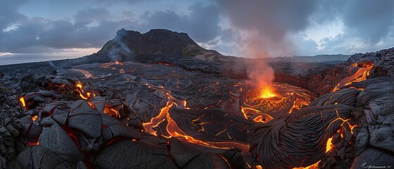 Volcanic crater, rugged terrain, glowing embers, rocky landscape, erupting volcano, Photography, Rim Lighting, Vignette, Side view - obrazy, fototapety, plakaty