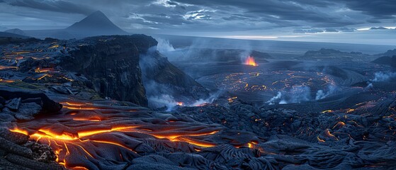 Volcanic crater, rugged terrain, glowing embers, rocky landscape, erupting volcano, Photography, Rim Lighting, Vignette, Side view