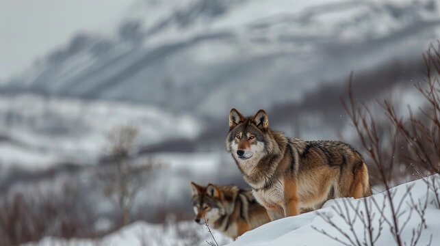 Wolves, Snowy mountains, photography, overcast, depth of field bokeh effect, High-angle view