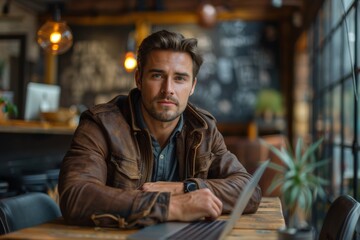 Obraz premium Portrait shot of a smiling professional businessman in neat suit outfits sitting at a desk using a laptop on a blurred modem office background. Generative AI.