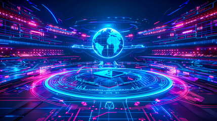 Futuristic digital interface, abstract technology concept with global connectivity