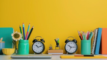 Crisp shot of a modern digital alarm clock standing tall amidst an organized collection of school essentials on a clean yellow backdrop.