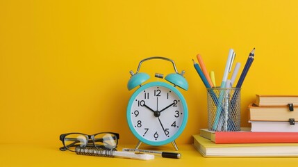 Crisp shot of a modern digital alarm clock standing tall amidst an organized collection of school essentials on a clean yellow backdrop.