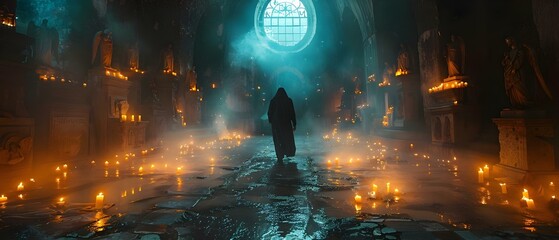 Man walking in dark cave with candles statues fallen angels and occult practices. Concept Dark Cave Exploration, Candlelit Scenes, Fallen Angels Statues, Occult Practices, Mysterious Adventures - obrazy, fototapety, plakaty