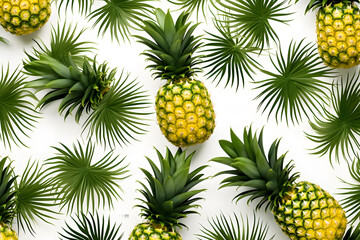 Transport yourself to a sun-kissed oasis with a whimsical pattern featuring ripe pineapples and lush foliage, isolated on a brig Generative AI,