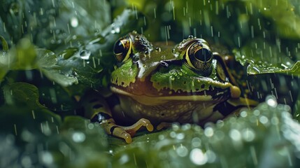 Caught in a sudden downpour, a  frog seeks shelter beneath a leafy canopy, its skin adorned with shimmering droplets of rain. - obrazy, fototapety, plakaty