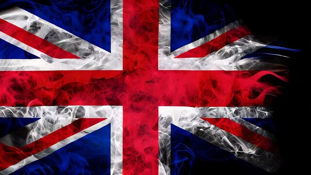Smoke shape of national United Kingdom flag of Great Britain isolated on black background. Business concept of crisis and international commercial tension. 3D illustration.