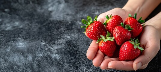 Fresh strawberries held in hand with selection on defocused background, copy space available - obrazy, fototapety, plakaty