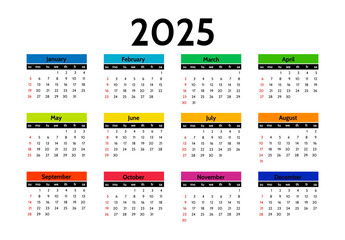 Calendar for 2025 isolated on a white background