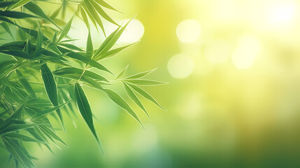 Obraz premium Blurred abstract sunlight background, frame of bright green bamboo leaves isolated on copy space