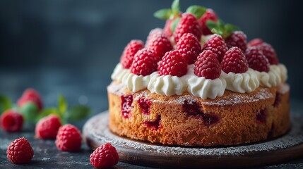
Raspberry cake sprinkled with raspberries with a sprig of mastic on a dark background vertically - obrazy, fototapety, plakaty