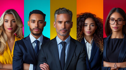 Cropped portraits of group of business people on multicolored background in neon light.