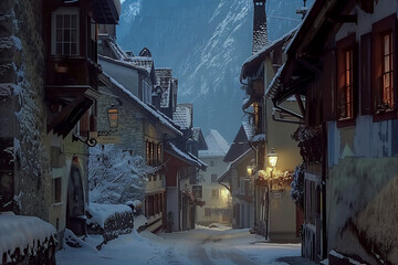 A tranquil snowy evening in a picturesque village, evoking a sense of peaceful solitude and natural beauty