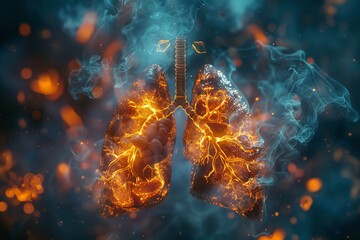 Illustration of human lungs glowing in dark backdrop with a big space for text or product, Generative AI. - obrazy, fototapety, plakaty