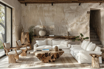Fototapeta na wymiar Living room inspired by nature, incorporating organic textures for warmth.