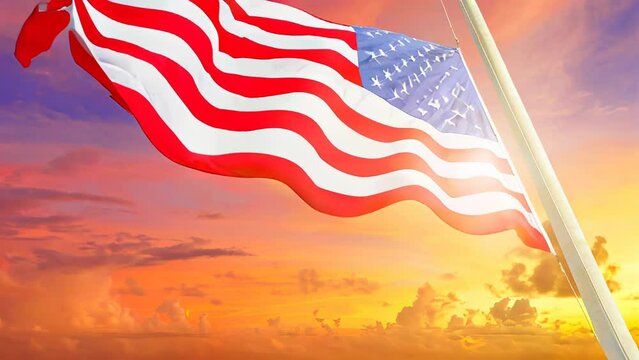 American flag raising with sunset on background United States National patriotic concept for independence day and 4th July holiday celebration. National historic landmark. Patriotic concept