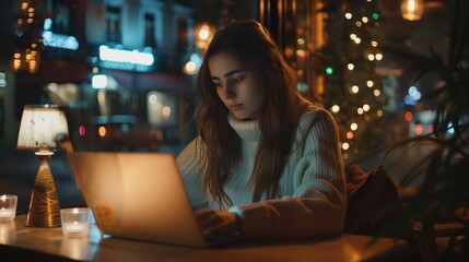 Close shot of a woman office worker working in night shift in office or doing overtime with a big space and blurry backdrop, Generative AI. - obrazy, fototapety, plakaty