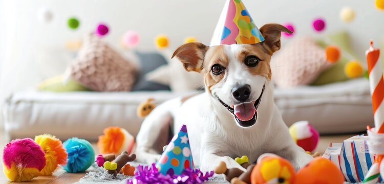 A smiling pet wearing a birthday hat, surrounded by toys and treats on their special day. 