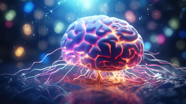 3 human brain with glowing neurons cell. Neuron cells building a neural connection network. Healthcare and medicine, Science and technology concept.