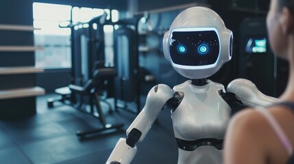 A robotic personal trainer guiding someone through a workout routine. - obrazy, fototapety, plakaty