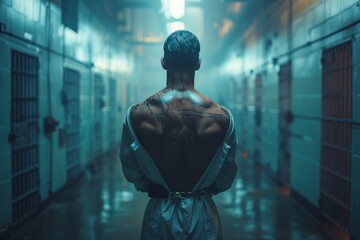 Fototapeta na wymiar A powerful image of a muscular man in a straitjacket, standing in a blue-lit prison corridor, exuding mystery