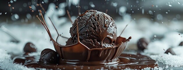 A large chocolate ice cream with melted liquid dripping from the top, surrounded by small black truffles, against an icy background.