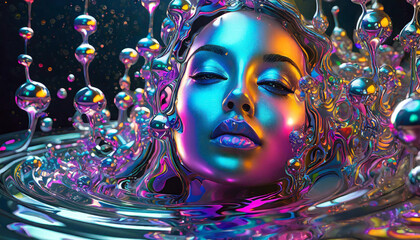 Reflective neon colored liquid chrome molecules surrounding a woman's face in a pool of liquid metal representing artificial intelligence