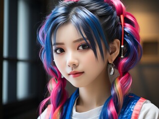 Naklejka premium A girl with blue and pink hair is wearing a blue shirt and a white shirt