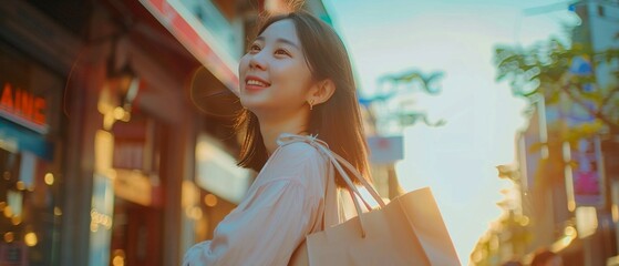 Stylish Asian Woman Enjoying Shopping in Urban City